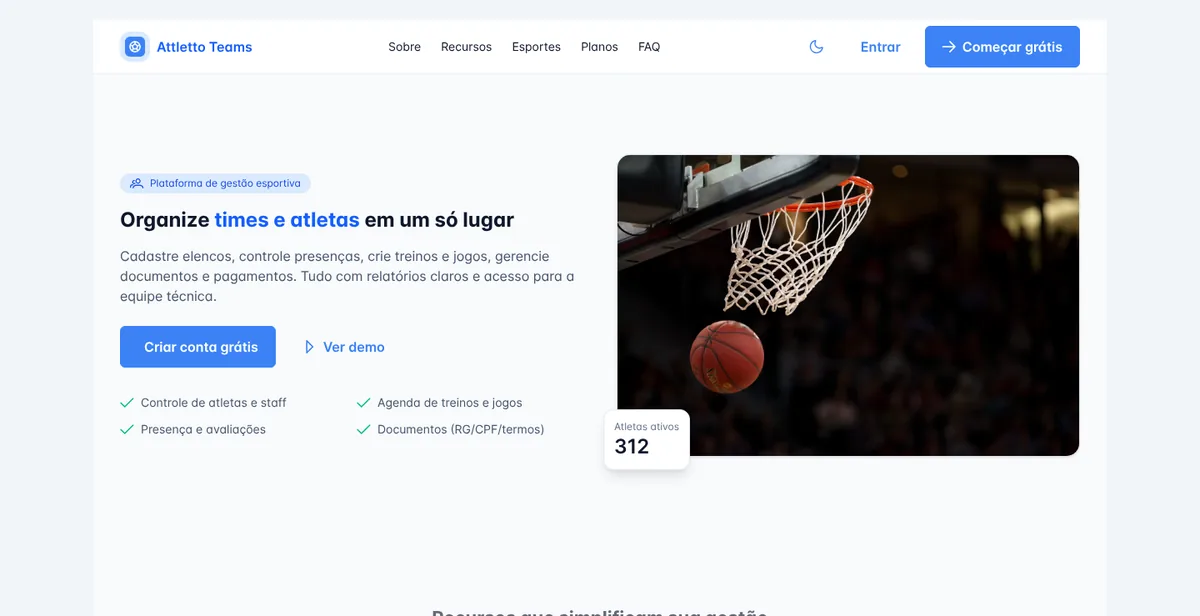 Tela inicial do Attletto Teams